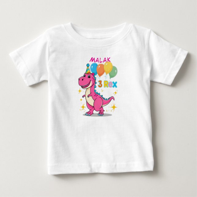 Camiseta 3 Rex Dinossaur Celebração de Aniversário Rosa (Frente)