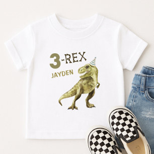 Camiseta 3-Rex Dinossauro Fofo Três Rex Nome da Festa de An