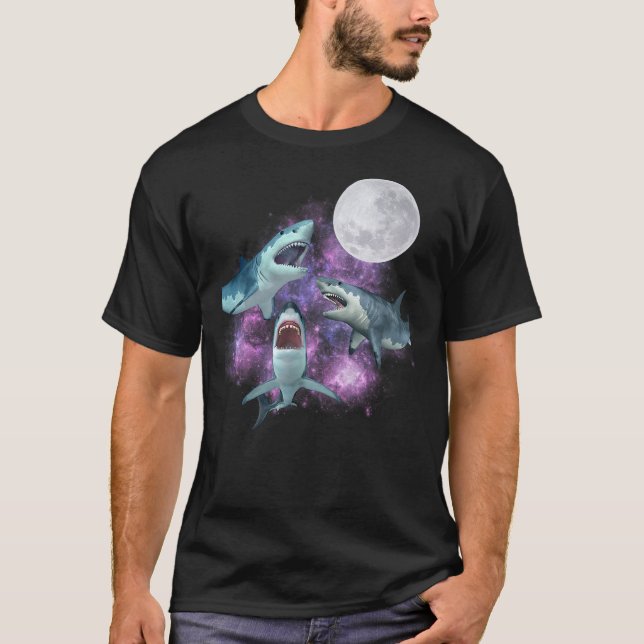 Camiseta 3 Sharks Moon Howling Wolf Parody 3 Great White Sh (Frente)