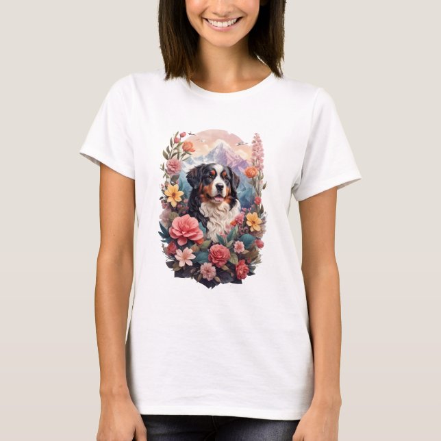 Camiseta 3D Fantasia Floral Bernese Mountain Dog Birds Ver (Frente)