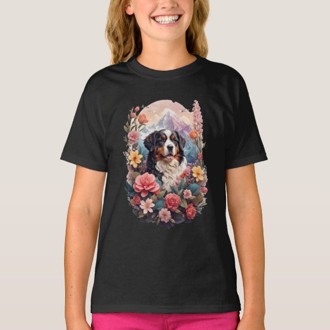 Camiseta 3D Fantasia Floral Bernese Mountain Dog Birds Ver (Frente)