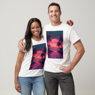 Camiseta 3d pôr do sol na praia. Palmas retrorreflectoras