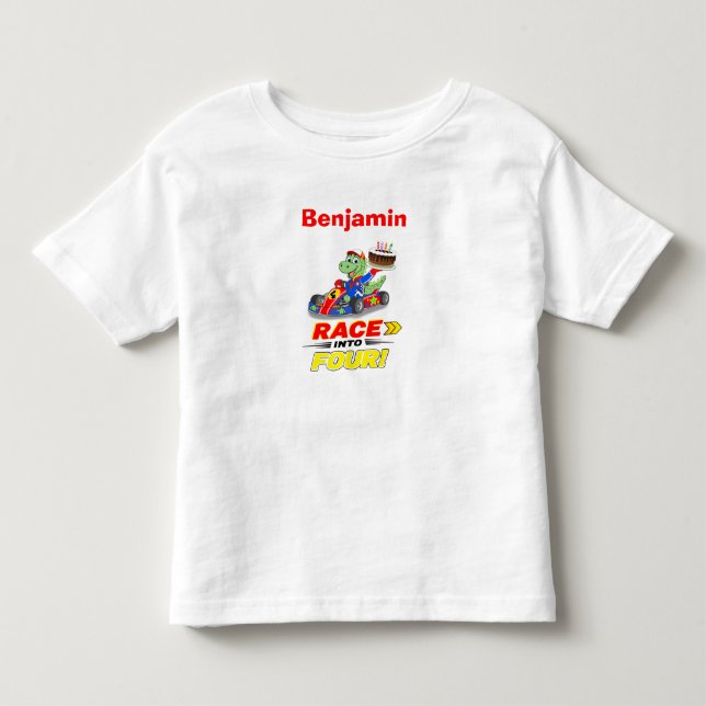 Camiseta  4º Aniversário Dinossauro Corrida Carro Pronto Vá (Frente)