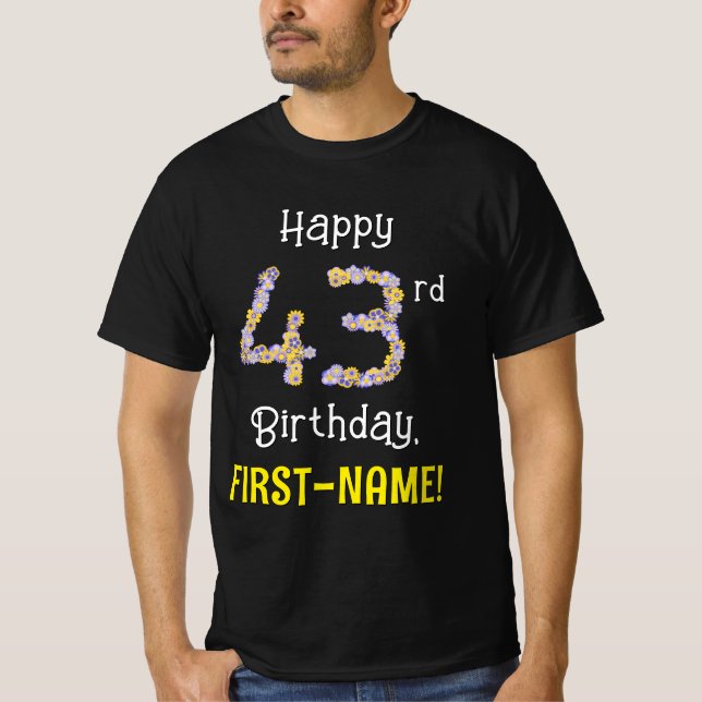Camiseta 43.o Aniversário: Flores Número "43" + Nome (Frente)