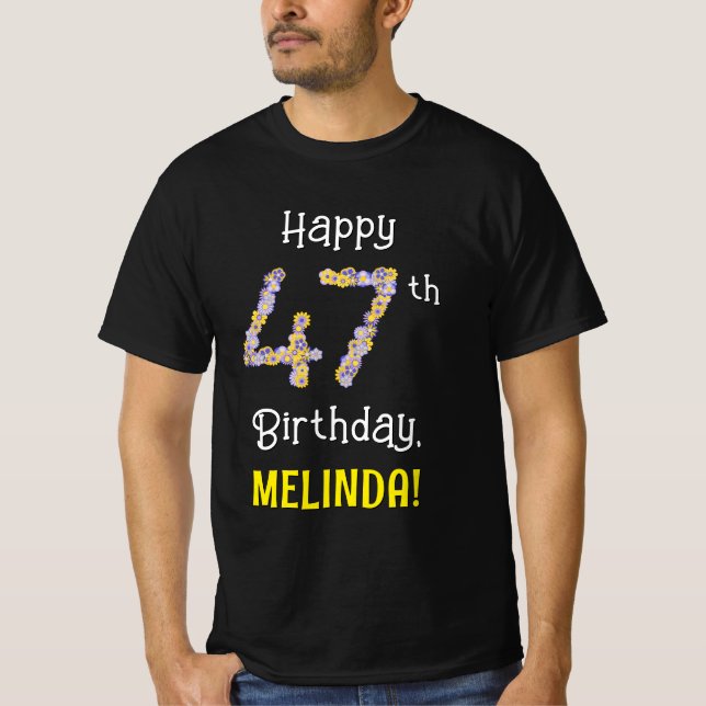 Camiseta 47.o aniversário: Flores Número "47" + Nome (Frente)