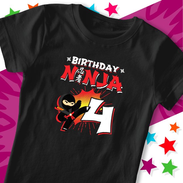 Camiseta 4 anos Estilo de Quadrinhos Ninja 4º aniversário (Criador carregado)