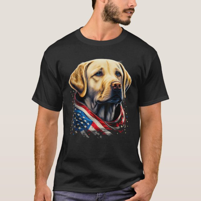 Camiseta 4 De Julho Amarelo Labrador Americano Patriótico (Frente)