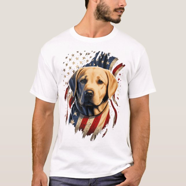 Camiseta 4 De Julho Amarelo Labrador Americano Patriótico (Frente)