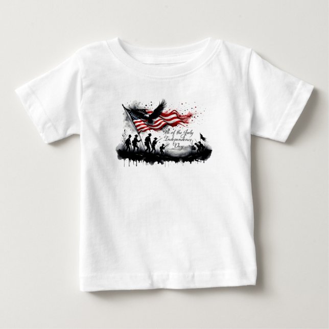 Camiseta 4 de julho Arte Patriótica com Bandeira e Soldados (Frente)