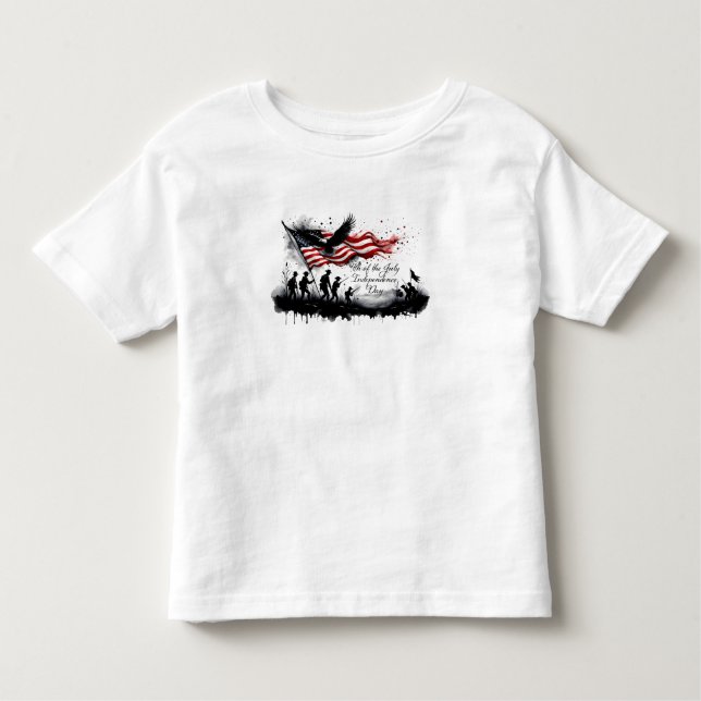 Camiseta 4 de julho Arte Patriótica com Bandeira e Soldados (Frente)