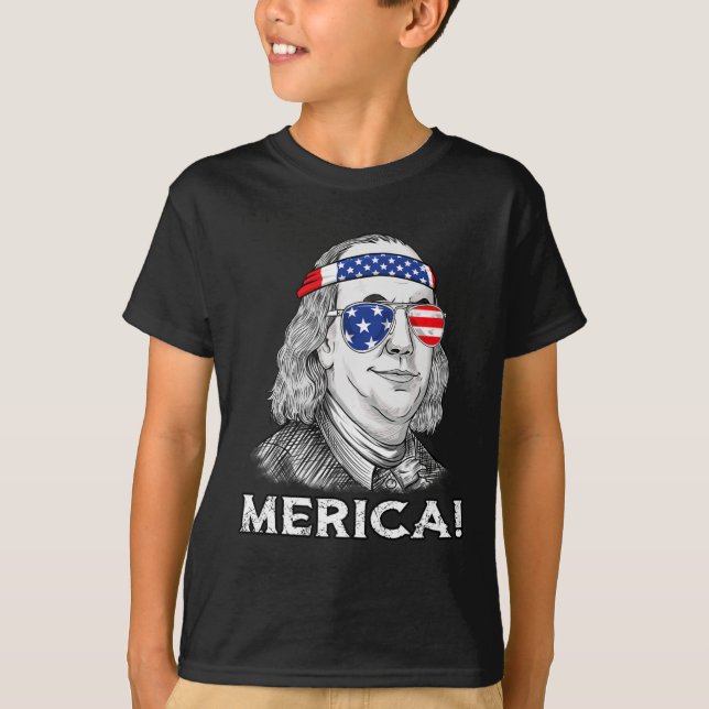 Camiseta 4 De Julho Ben Franklin Merica USA Boys Girls Kid (Frente)