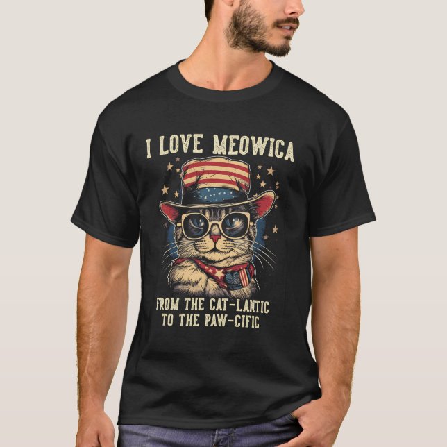 Camiseta 4 De Julho Cat Lover I Love Meowica Patriotic Cat  (Frente)