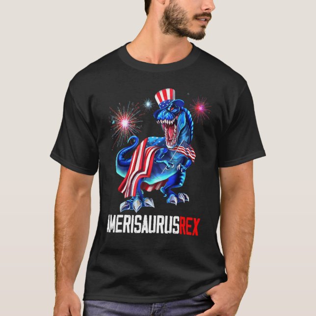 Camiseta 4 De Julho Dinossauro Rex Amerisaurus Rex American (Frente)