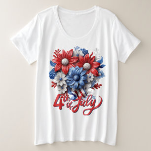 Camiseta 4 de julho Flores em Branco Vermelho e Patriótico