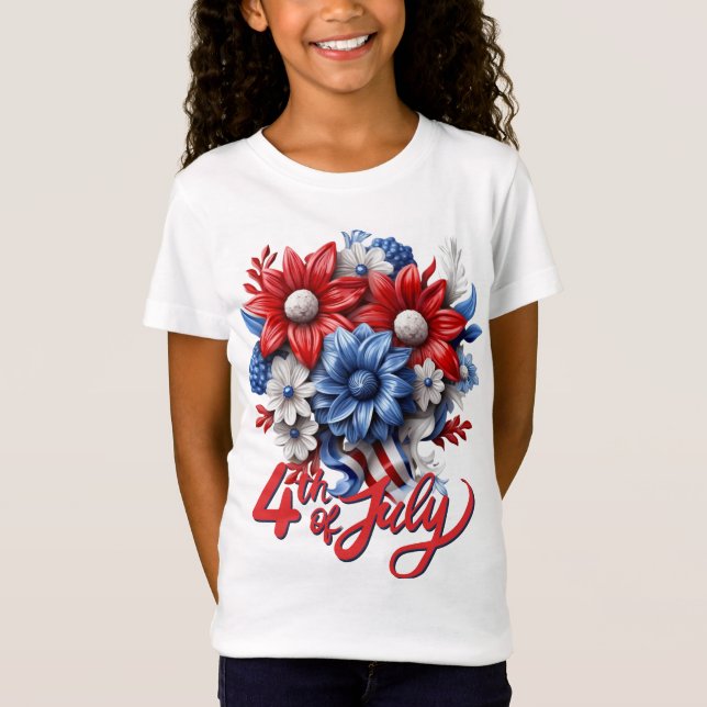 Camiseta 4 de julho Flores em Branco Vermelho e Patriótico  (Frente)