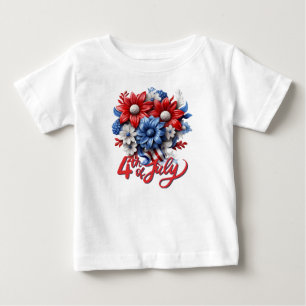 Camiseta 4 de julho Flores em Branco Vermelho e Patriótico