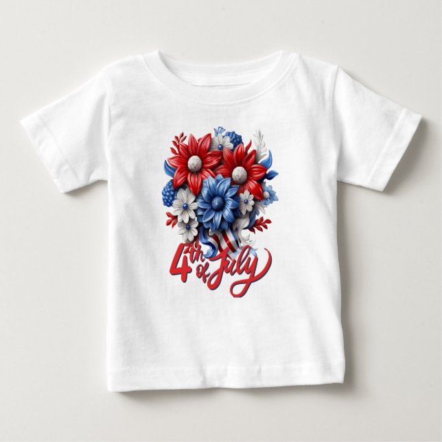 Camiseta 4 de julho Flores em Branco Vermelho e Patriótico  (Frente)