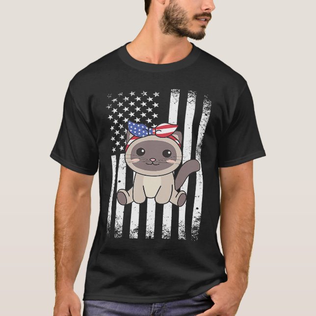 Camiseta 4 De Julho Gato Siamês Americano Para Crianças Cut (Frente)
