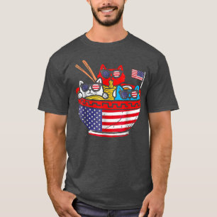 Camiseta 4 de julho Gatos Comem Ramen Anime Bandeira Americ