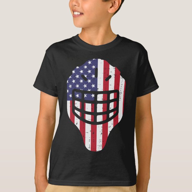 Camiseta 4 de julho Hockey Hockey Helmet America Flag Ameri (Frente)
