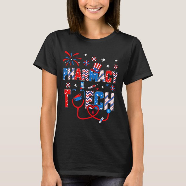 Camiseta 4 De Julho Para Mulheres Stethoscope Pharmacy Tech (Frente)