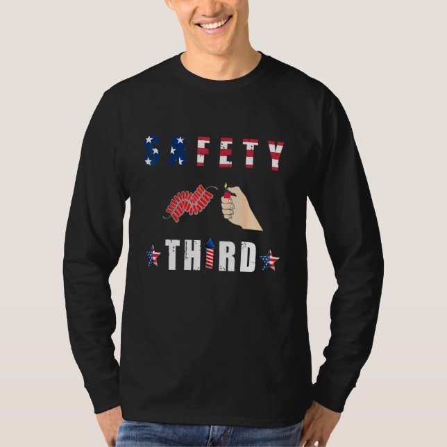 Camiseta 4 de julho Patriotic Love Fireworks Safety Third (Frente)