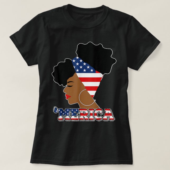 Camiseta 4 de julho Patriótico Afro Puff American Flag G (Frente do Design)