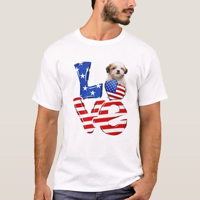 Camiseta 4 De Julho Patriótico, AMOR Teddy Bear Dog America (Frente)