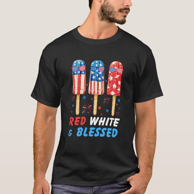 Camiseta 4 de julho Picolé, branco vermelho e abençoado,EUA (Frente)
