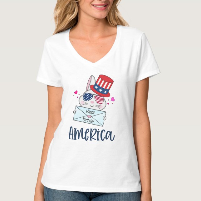 Camiseta 4 de julho Rabbit com bandeira dos EUA Óculos Sun (Frente)