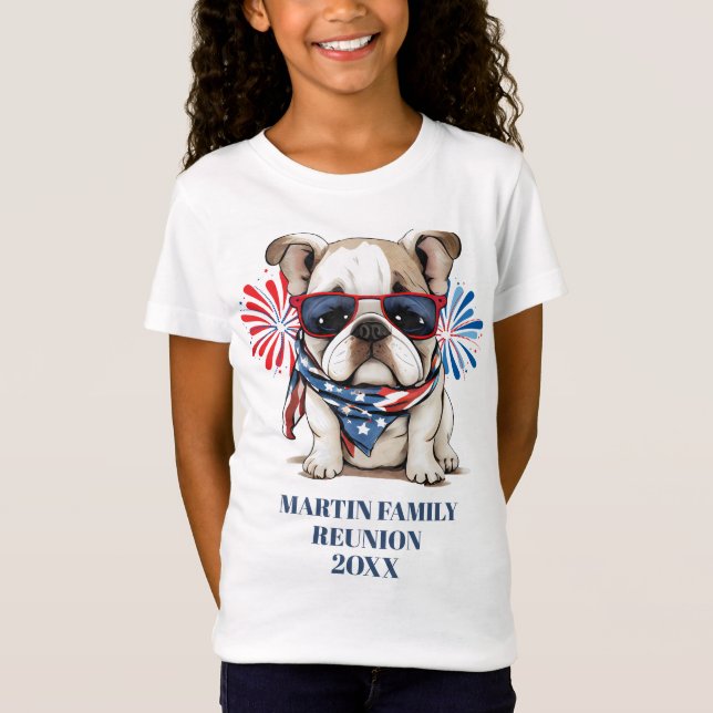 Camiseta 4 de julho Red Blue Bulldog Family Reunion Girl (Frente)