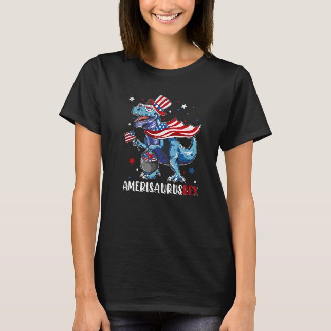 Camiseta 4 de julho Rex Dinossaur Amerisaurus Rex Boys Kids (Frente)