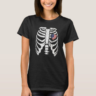 Camiseta 4 De Julho Skeleton Heart Rib Cage X Ray Usa Flag