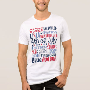 Camiseta 4 de julho, tipografia moderna azul-vermelha