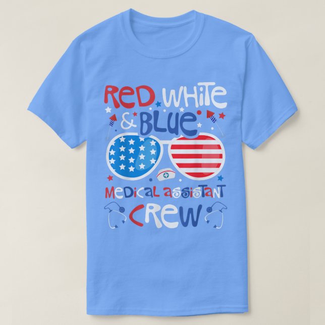 Camiseta 4 de julho Tripulação do Assistente Médico Azul Ve (Frente do Design)