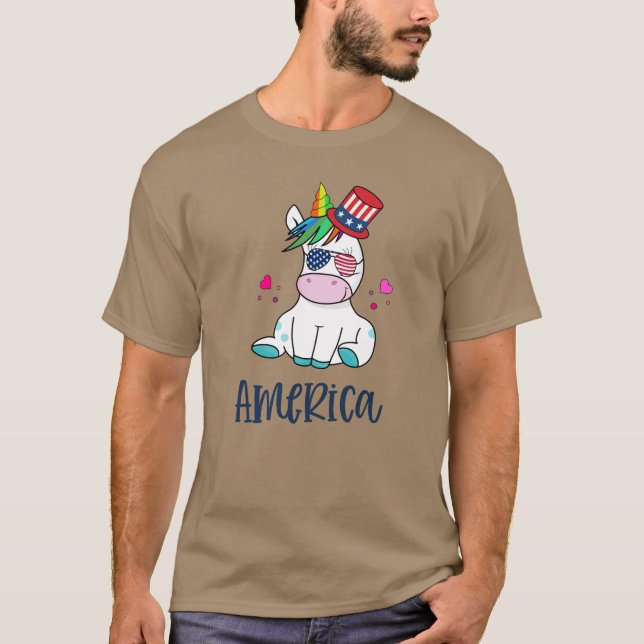 Camiseta 4 de julho Unicórnio com bandeira dos EUA Óculos S (Frente)