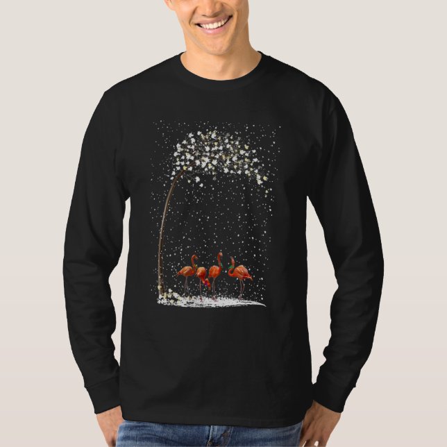 Camiseta 4 Flamingos Cachecol Árvore de Natal Xmas Nevado (Frente)