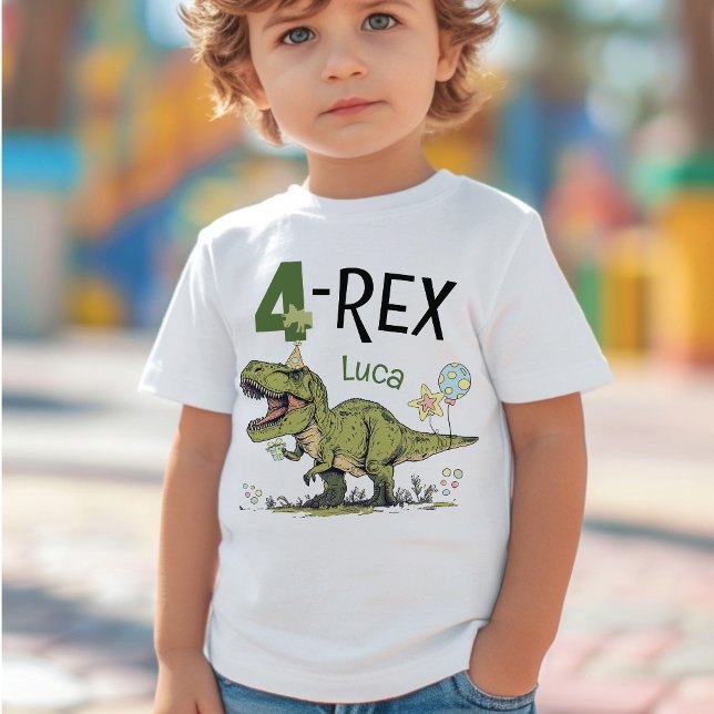 Camiseta 4 Rex Cute Dinossaur Tema 4.º Aniversário Nome da  (Criador carregado)