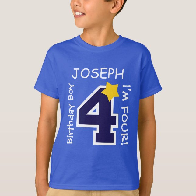 Camiseta 4o AZUL do menino do aniversário um nome feito sob (Frente)