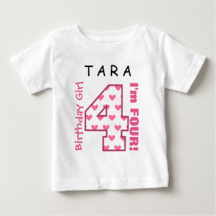 Camiseta 4o Corações V01L do rosa da menina do aniversár