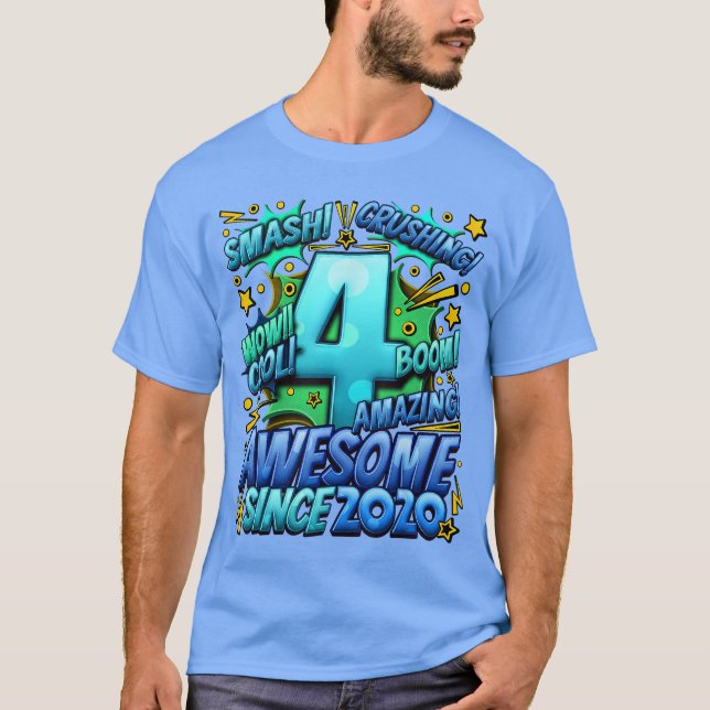 Camiseta 4th Birthday Comic Style Awesome since 2020 4 Year (Frente)