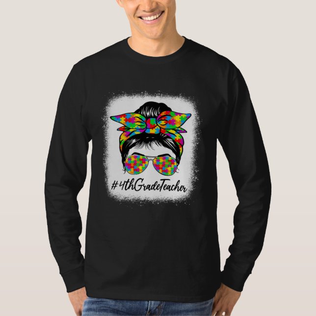 Camiseta 4th Grade Teacher Messy Bun Women Autism Awareness (Frente)