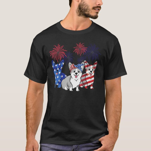 Camiseta 4th Of July American Flag Corgi Patriotic Dog Mens (Frente)