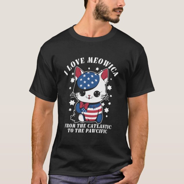 Camiseta 4Th Of July American Flag I Love Meowica Cat (Frente)