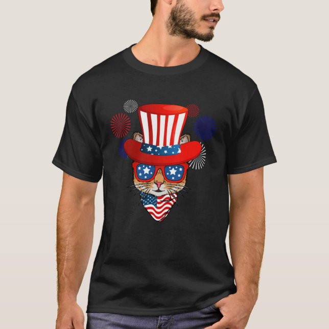 Camiseta 4th of July cat for women cat men kids American fl (Frente)
