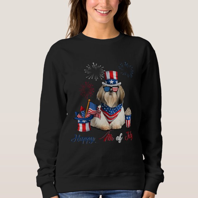 Camiseta 4th of July Cute American Flag  Shih Tzu Dog Firew (Frente)