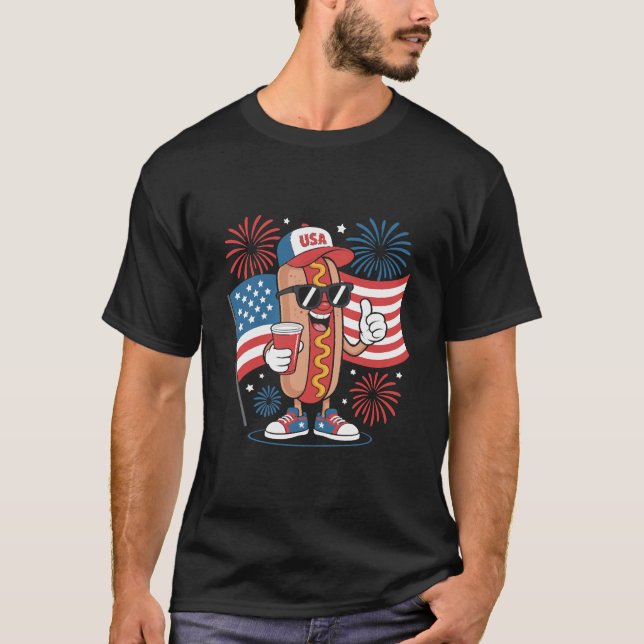 Camiseta 4th Of July Hotdog American Flag Patriotic Firewor (Frente)
