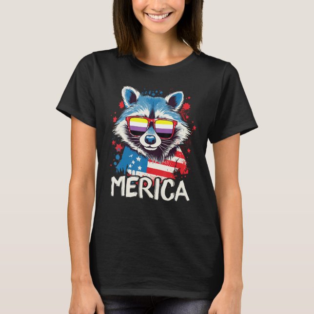 Camiseta 4th Of July Merica  Raccoon Non Binary Sunglasses  (Frente)