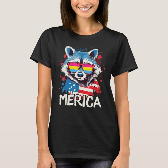Camiseta 4th Of July Merica  Raccoon Pansexual Sunglasses F (Frente)