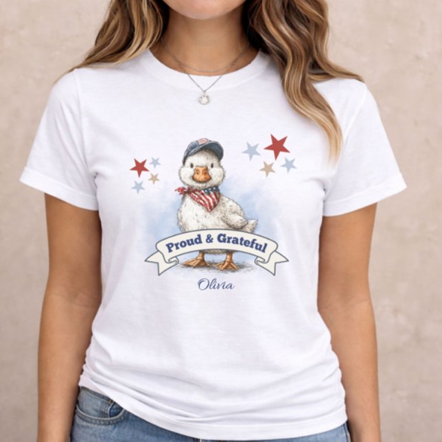 Camiseta 4th of July Patriotic Animal (patriotic women t-shirt with duck illustration and Proud and Grateful name design)